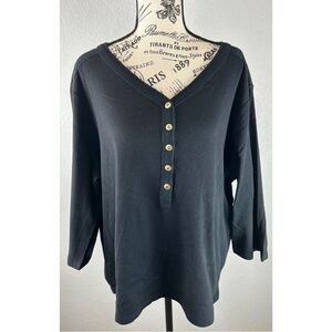 Ralph Lauren Black Ribbed V-Neck Henley Top with Gold Buttons